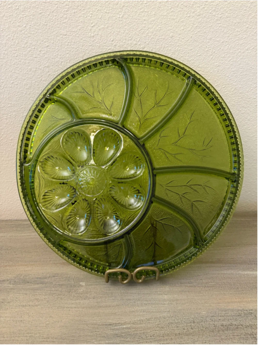 Indiana Glass Olive Green Tree of Life Deviled Egg & Relish Tray - Mint